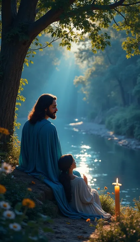 Front view of Jesus beautiful shiny aura over his head dark hair dark eyes peaceful face sitting under a tree 
Hyperrealistic detailled 
Jesus glowing blue robe infront of a woman who sits and looks at jesus 
Both are standing in a beautiful garden flowers...