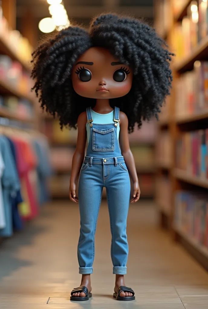  Create a 3D image of a Funko Pop a black woman body thin waist with full curly or curled hair , A light blue sleeveless t-shirt in a cool tight denim jumpsuit,  black sandal Funko Pop must be placed in the clothing store in a clearly visible pose of doubt...