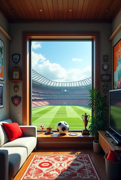 A soccer themed house, with a window overlooking the stadium