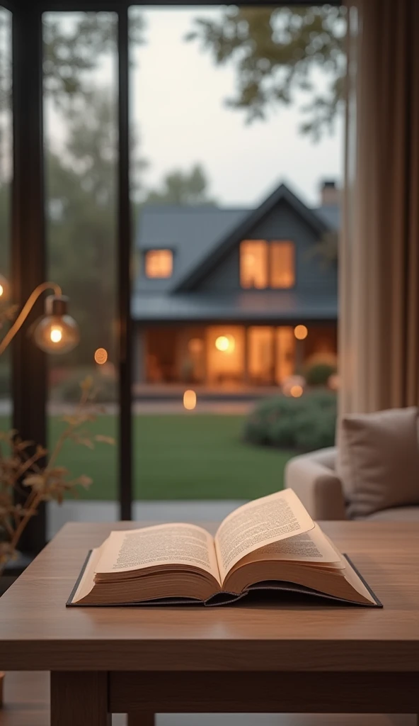 A luxurious lifestyle scene with an open book on a table, a cozy modern house in the background, soft lighting, and elegant decor, 4K ultra-realistic.