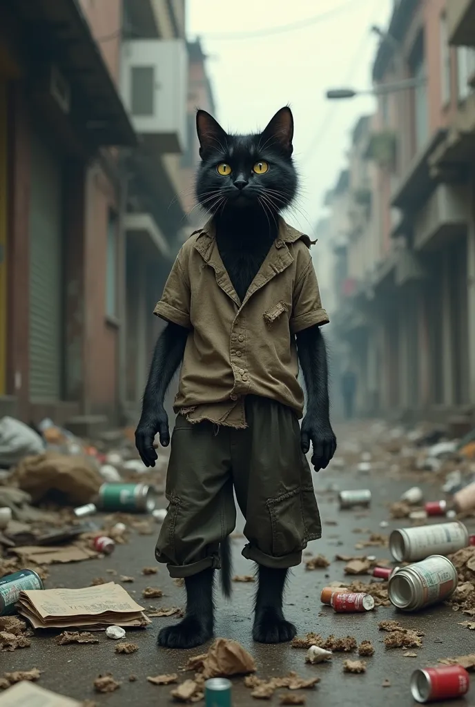 A short adult human black cat wearing very poor clothes on a street picking food in garbage