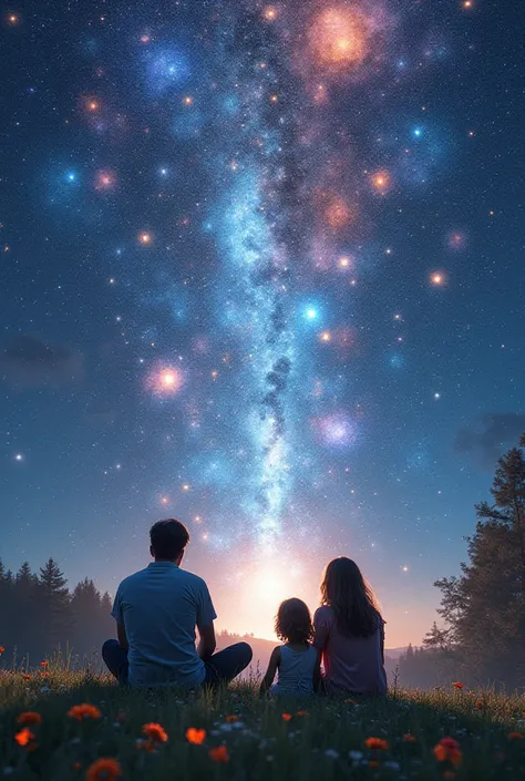 Hundreds of galaxies expanding with different lights coming out in various directions, a man, wife and daughter watching while sitting on the lawn, the smell of colorful flowers, white light behind them.