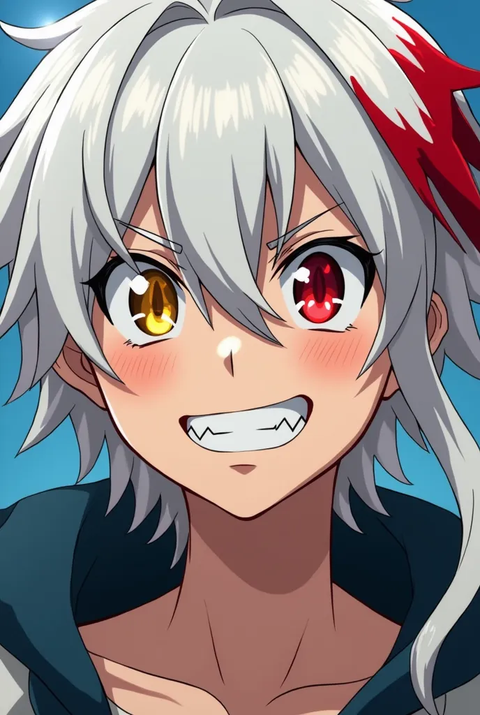 Anime style: a young man with sharp teeth like those of a shark who smiles arrogantly with long white hair with a red tuft on the right side and another golden lock on the left side ,The right eye is red and the left eye is golden and the iris of the eyes ...