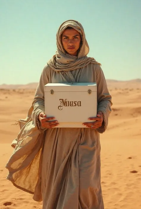 An Arab woman in the desert carrying a white box with the word MANSA written on it