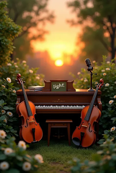  Image without people , Only the instruments: piano, violin, cello and a microphone, in a green garden where you can see the sunset. And there's a sign that says "light"