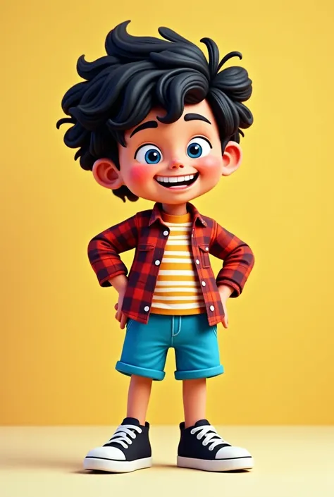   I want a funny  boy, tez blanca,  black hair ,  with blue shorts , striped flannel , black tennis shoes