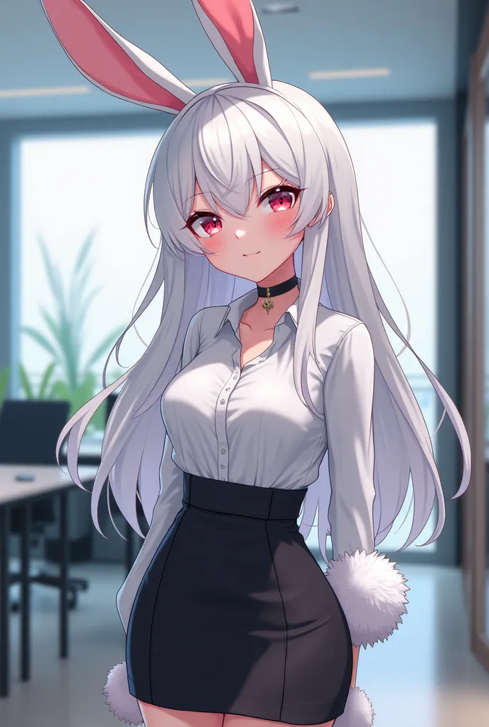 Hot adult anime girl with white hair, white bunny ears and a white bunny tail, in a office outfit and black tight skirt 