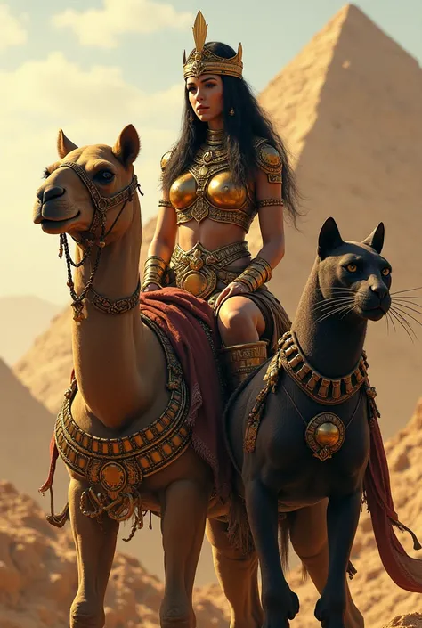 Egyptian goddess in armor on a camel with an armored cat and pyramids 