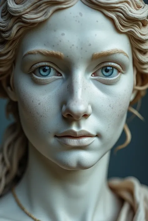  Face of a woman from the front to the foreground .  The woman's age is 30 years .  Half of the stone face like Greek statue. The other half of blue eyes ,  blonde hair and beautiful white skin .  The change between stone and skin is degraded .