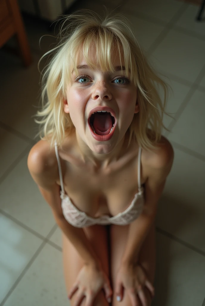 Twelve-year-old emo blonde girl, She is in transparent lingerie, She has huge, round breasts,  is crouched on the floor,  his mouth is wide open, image seen from above,  has his arms behind his back , Your legs are separated