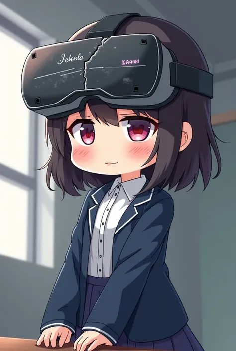 Describe a girl wearing a school uniform and was wearing a VR whose right side of the glass had been broken, causing his right eye to bleed. Unhappy expression. Made in Anime Chibi form.