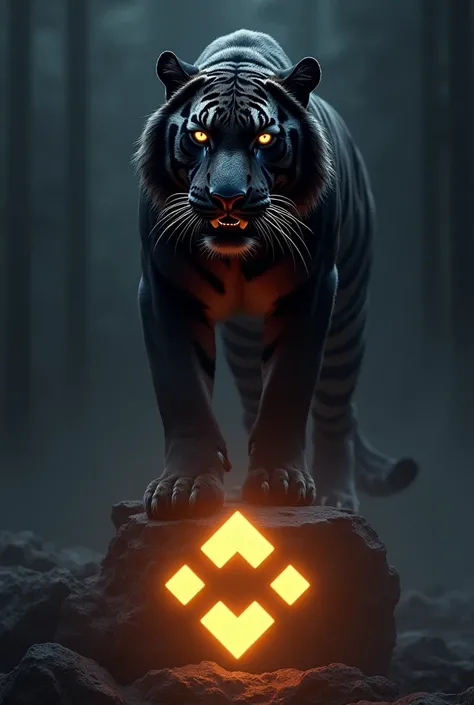 A black tiger stands above a radiant Binance logo