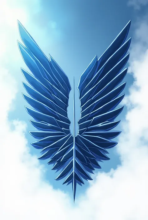 The image contains a stylized wings symbol in blue and white ,  that recalls the Exploration Troop emblem from the anime Attack on Titan.
