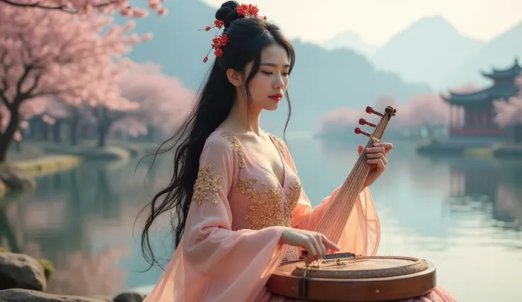 
"A stunning woman in an elegant, traditional Chinese-inspired dress with intricate embroidery and flowing sheer sleeves, playing a guzheng by a serene lake. Her dress is a soft peach or pink color, featuring a deep neckline with gold embellishments. She h...