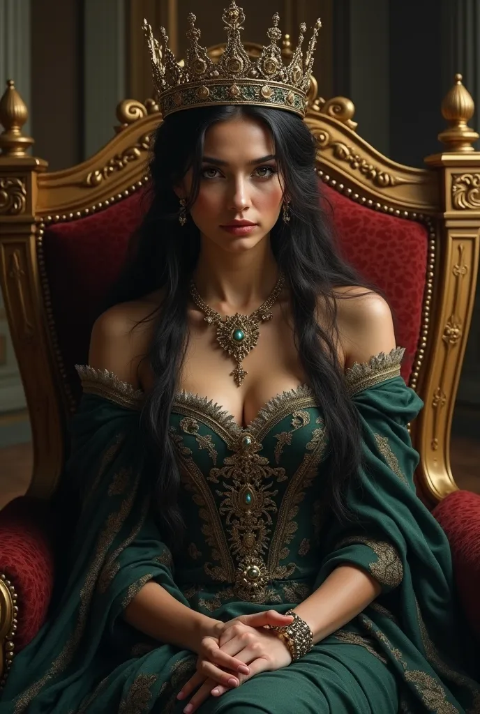 A queen sitting with crown her face hidden except her eyes 