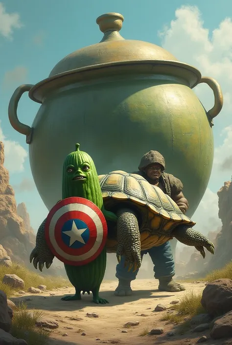 A cucumber as Captain America and Hulk carry a large turtle to a huge soup kettle 