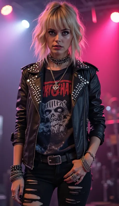 A young female rocker, around 20 years old, standing confidently. She has blonde hair with a side fringe and a striking, stylish look. She wears a black studded leather jacket, a fitted band t-shirt, ripped skinny jeans, and leather boots. Her style is bol...