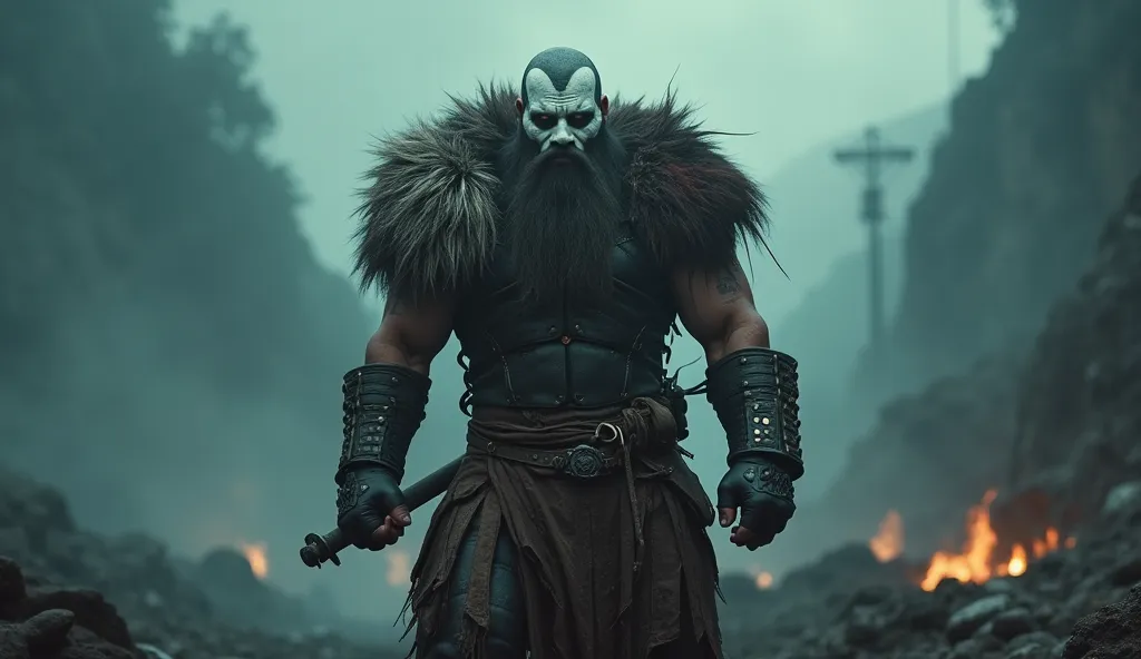 berzerker with the white makeup in a viking costume, in the style of dark teal and dark gray, eve ventrue, cinematic sets, burned/charred, animated film pioneer, junglepunk, traincore