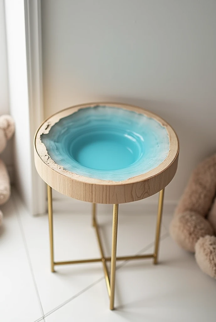 Here's a detailed prompt to generate a ** medium baby corner table ,  with transparent blue resin **,  keeping the catalog neutral , but with subtle elements that refer to a bedroom :  

**Prompt:**  
*" A medium-sized corner table , made of light wood and...