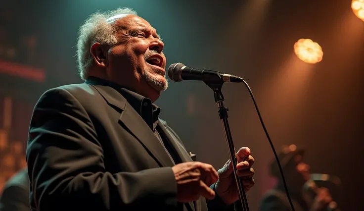 A upper body photo on a corpulent African-American gentleman in his sixties. Singing a jazz tune at an old style jazz club. Background singers. Smokey. hard shadows.