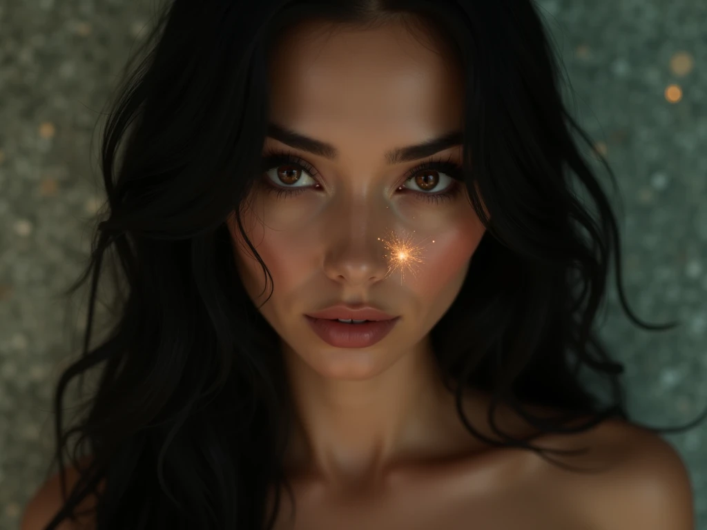 Realistic portrait of a woman completely stripped of any clothing with black and long hair,  fair skin and mesmerizing amber eyes . Her gaze is intense and persuasive ,  conveying an aura of mystery and seduction .  The soft lighting highlights the details...