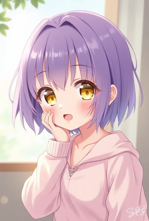 A cute girl with short purple hair and yellow eyes anime