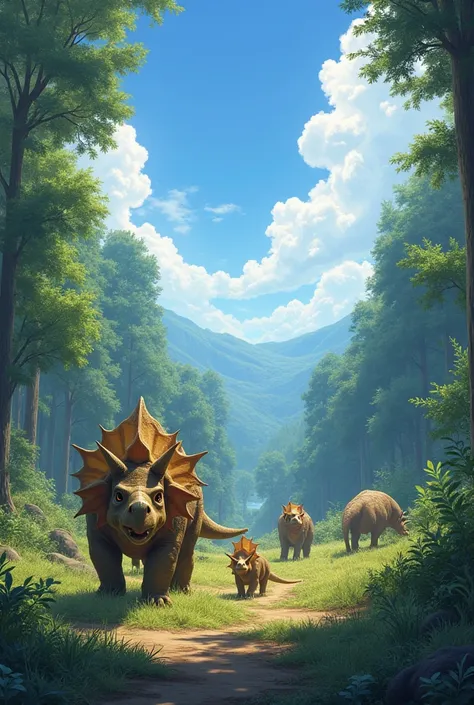  A vast prehistoric valley with dense forests ,  a bright blue sky and a warm sun illuminating the scenery.
Linden,  a small Triceratops with curious eyes , She walks beside her mother .  Other herbivorous dinosaurs graze quietly .