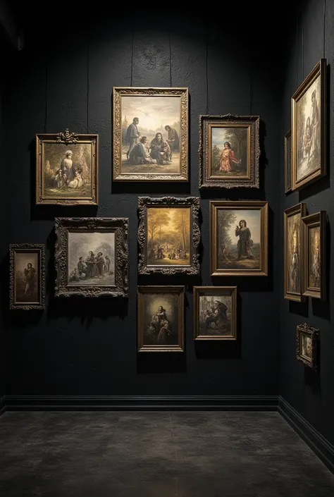 Picture of a wall with paintings The image is black on the sides