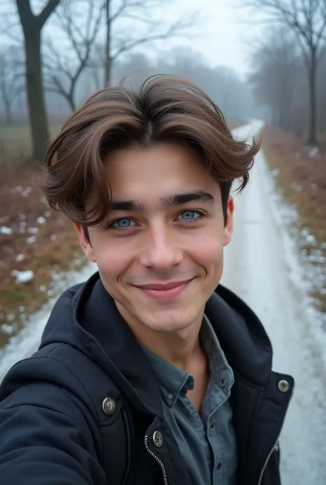 A picture of a 17-year-old Iraqi boy with blue eyes, light brown hair, beautiful like Korean hair, taking a selfie and smiling with trees and a road behind him and the weather of winter and afternoon