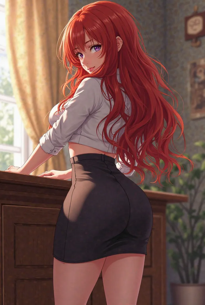  Anime style,  beautiful girl ,  back view,  long flowing red hair ,  in full,  beautiful athletic figure ,  big breasts, Breasts,  big buttocks, Kardashian ass, tight pencil skirt , tight white blouse , tries to get something off the floor by leaning over