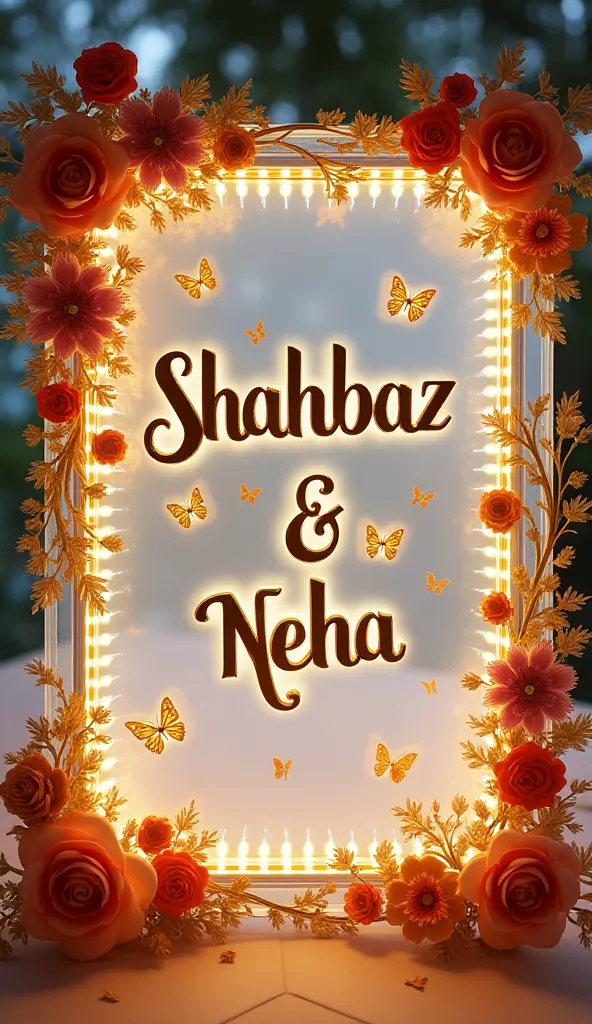 3D clear glowing frame with flowers and butterflies on the edge of the frame. In the middle of the frame there is the name "Shahbaz & Neha" using gold letters.