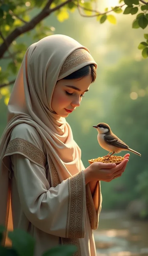 A girl wearing a hijab feeds a bird