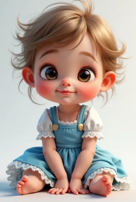 Generate a character: a small baby in a blue dress with lace around the edges, sitting looking forward, large, shiny eyes, light brown hair and smooth with a slight smile on her face in the digital realism style. 