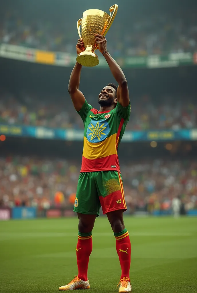 A victorious Ethiopian footballer, draped in a jersey inspired by the Ethiopian flag, lifts the golden cup high, his cleats covered in dirt from the intense final match.