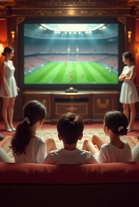 A  boy watching a football match on TV while lying on the couch and he has beautiful maids who bring him food and drink and feed him and massage his feet and a bodyguard who guards him 