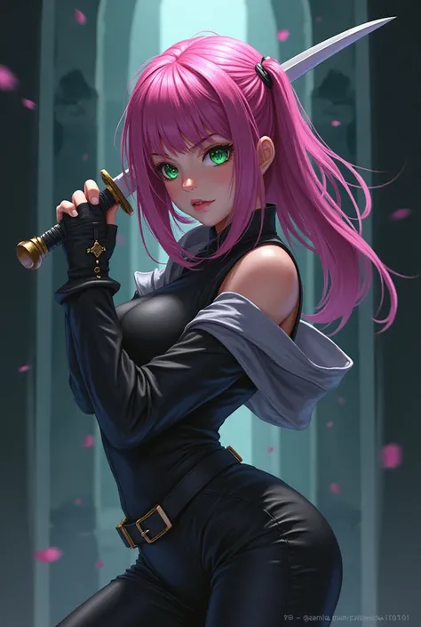 Anime woman with pink hair and green eyes with a dagger in her hand