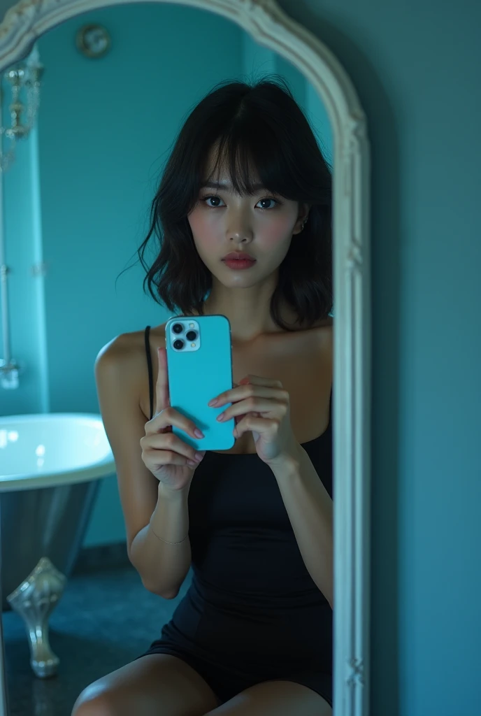  Asian girl,  white skin, wearing a sexy black dress, Photo in the mirror with a bathtub in the back , with bangs, iPhone 15 cell phone, in light blue color