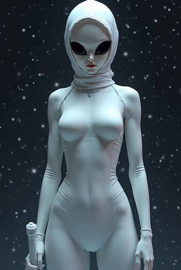 Alien girl ,black eyes,Sporty,Slender face, with big breasts, pure white skin , white headscarf ,Tight Set , tall,Long neck ,Pointed ears,Wear a white killer suit , White Jewelry,Holding a short white knife , reveal arc ,, slim shape ,(full length, (dynami...