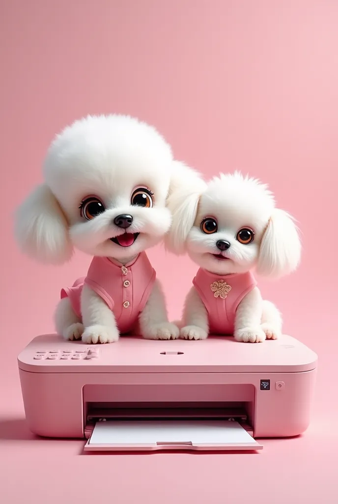  Disney Pixar caricature-style image of a small curly white poodle and a smaller Maltese, smooth-haired white .  Both wearing a pink dress and on a modern pink printer 