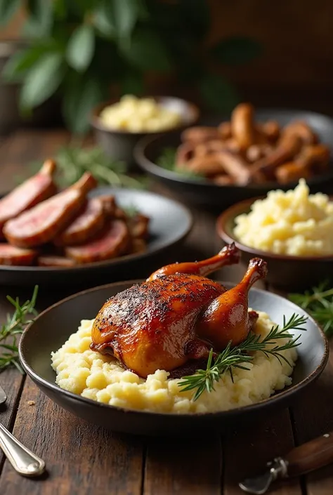 Picture of grilled Pekin Duck, rabbit and mashed potatoes 