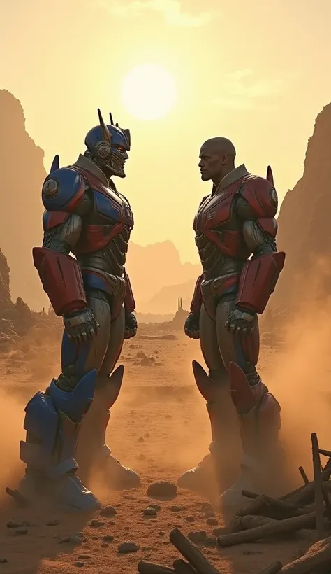 A dramatic face-off between Thanos and Optimus Prime from Transformers Prime in a vast desert landscape. Thanos, standing on the right, is slightly smaller compared to the towering Optimus Prime on the left. The setting is an ancient battleground, with mas...