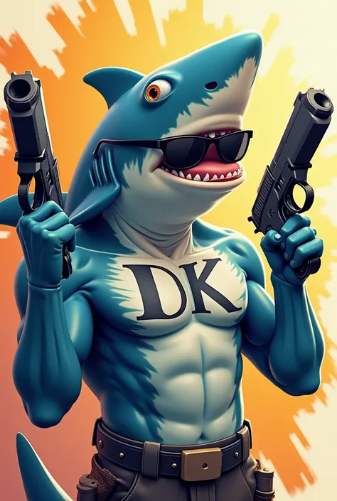 Create an animated image of a shark with sunglasses and with two guns clutched in each fin, Have a tattoo with the letter K and do it in the profile picture style, that is animated