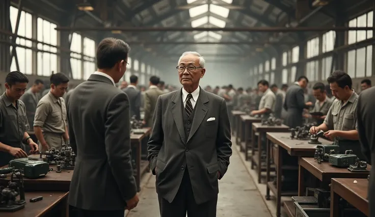 Kiichiro Toyoda at a Japanese factory in the 1940s ,  watching an assembly line with workers adjusting auto parts by hand.