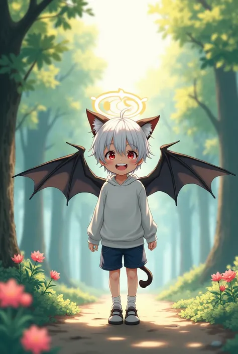 ( masterpiece: 1.2,  High quality), 8k,  high resolution ,  a seven-year-old boy , cute boy,  white hair,  short hair,  light red eyes, cleft pupils , ahoge,  Cat ears,  mischievous smile, fangs out, halo, He has black wings on his back , wearing a white s...