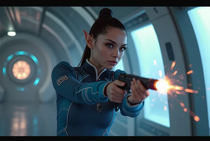 Beautiful seductive Young Vulcan Woman wear a Starfleet Uniform, in a Star Trek spaceship, phasergun in her Hand, Masterpiece, rimlight, Enemy attacked her