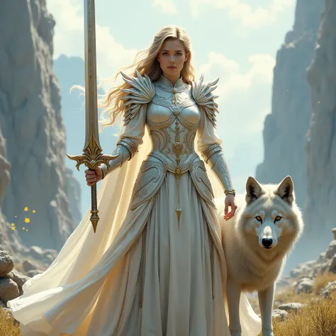 warrior female armour white with radiant sword and wolf