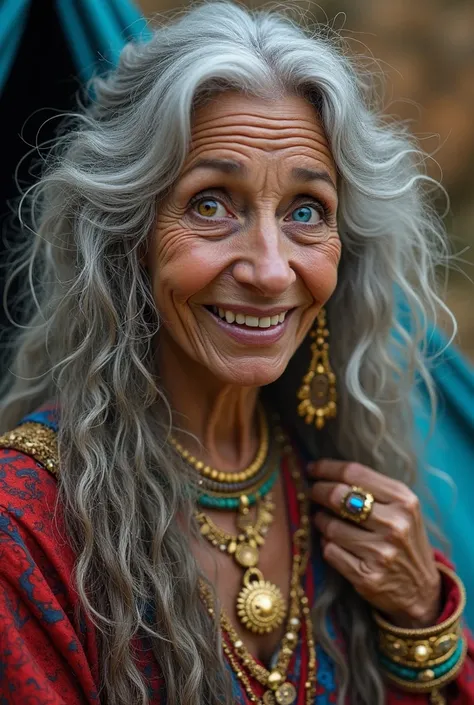  An enigmatic elderly gypsy woman with long flowing gray hair,  with big eyes, a blue eye and a brown eye . Her smile reveals a shiny gold tooth ,  contrasting with her brown skin that reflects the wisdom accumulated over the years.  She is adorned with lu...