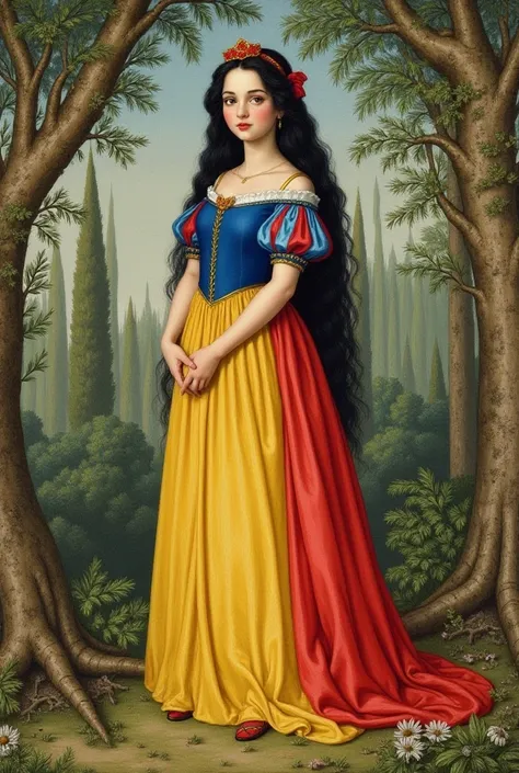 Ecco una possibile descrizione di un disegno di Snow White realizzato nel XVI secolo:

} The drawing depicts the protagonist of the famous fairytale , Snow White,  immersed in a typical wooded landscape of the time .  The young girl is represented in a ful...