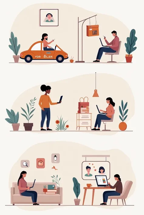 "A clean, modern flat-style illustration of people engaged in various side hustles. One section shows a person driving for Uber in a simple, vector-style car. Another section highlights a seller displaying handmade crafts on an Etsy-like platform, using a ...