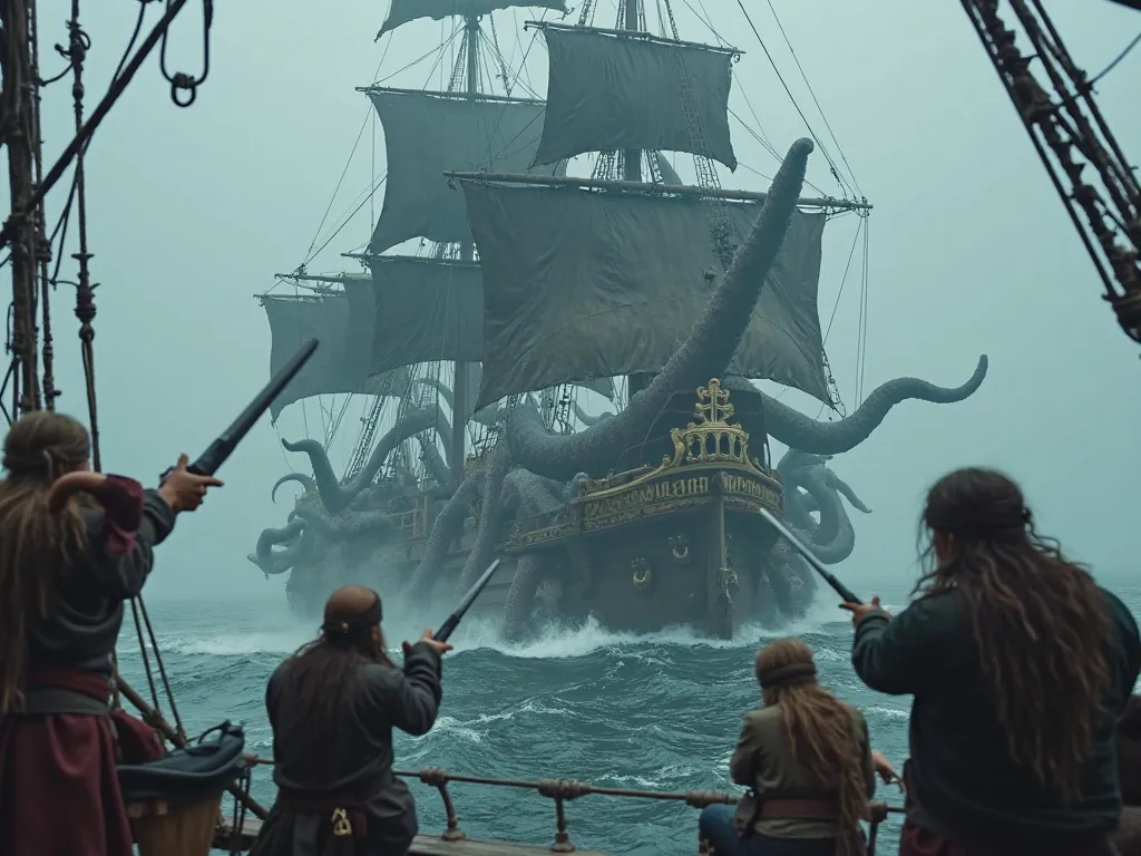 Show tentacles of a giant kraken curling a pirate ship with black sails and a skull and breaking the ship, The pirates who are wearing headbands on the pirate ship's head and deck are holding swords and shooting the tentacles that are wrapped around the sh...